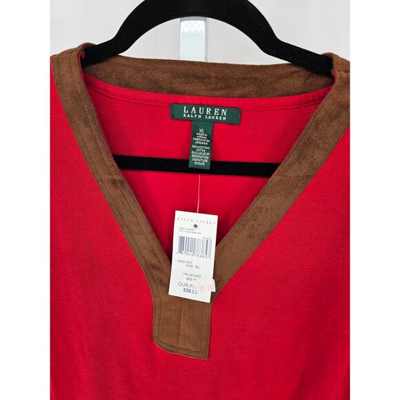 Lauren Ralph Lauren Womens Sz XL Long Sleeve Blouse Red w/ Faux Suede Trim NEW - Picture 2 of 3